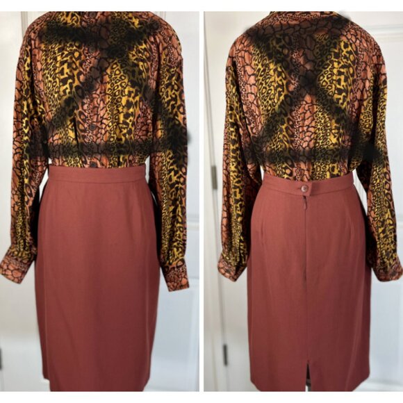Vintage Louis Feraud Pencil Skirt S / M Wool Red Rust Midi Straight '90s Office - Picture 8 of 9
